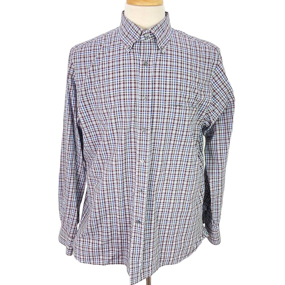 Bobby Jones Mens Casual Shirt Size L Gray Pink Blue Plaid Long Sleeve Button Up